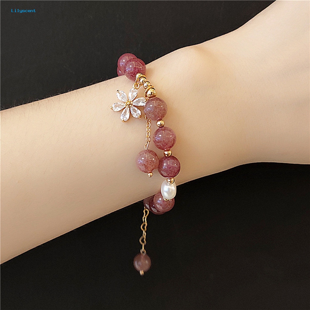 Lilyscent Hadiah Wanita Gelang Aksesori Busana Merah Muda Kristal Imitasi Manik-Manik Bangle Perhiasan Cubic Zirconia