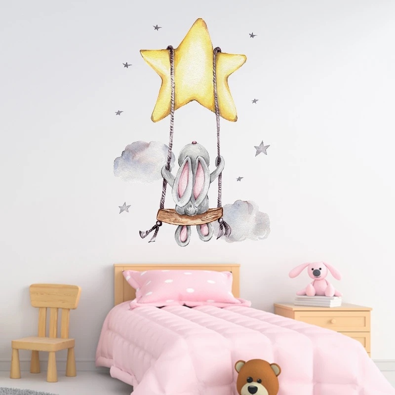 Bunny Baby Nursery Stiker Dinding Kartun Kelinci Swing on The Stars Wall Decals Untuk Kamar Anak PVC Removable Sticker DIY Dekorasi Rumah