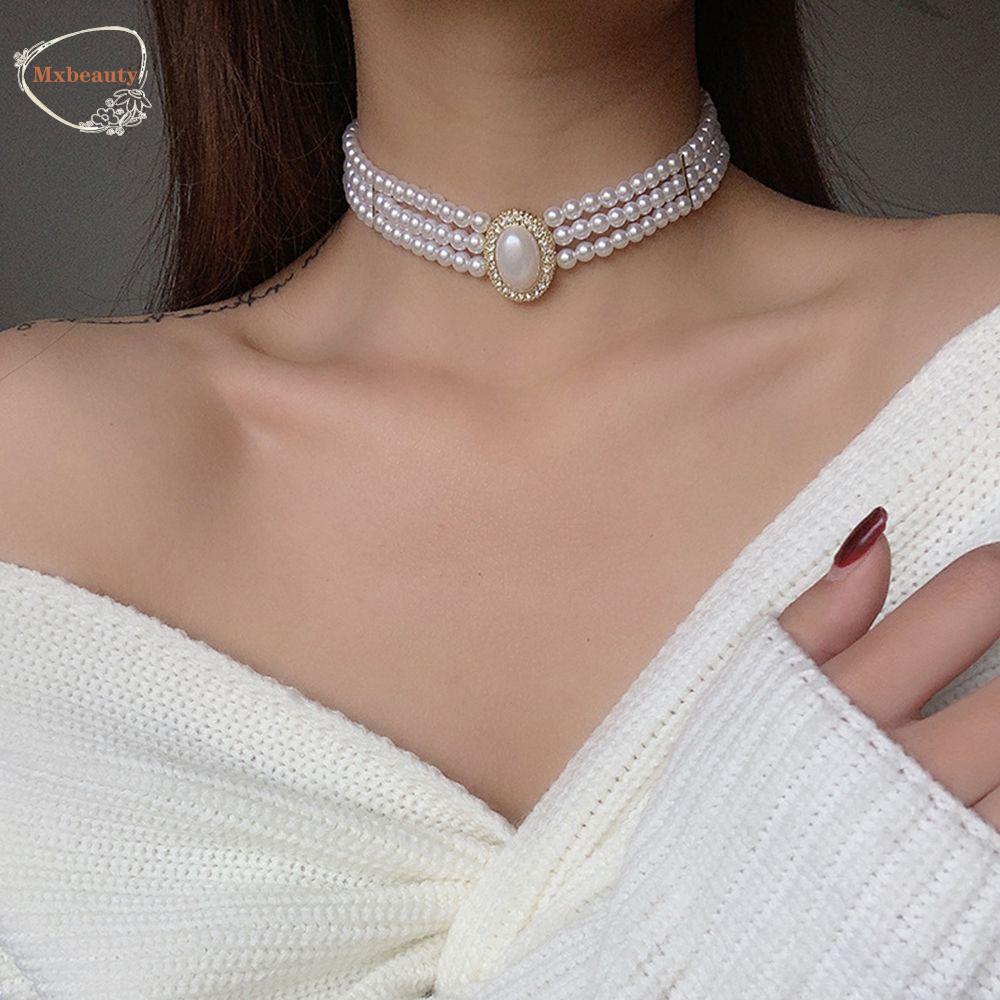 Mxbeauty Wanita Kalung Mewah Perhiasan Hadiah Mutiara Triple Layer Alloy Temperamen Perhiasan Aksesoris