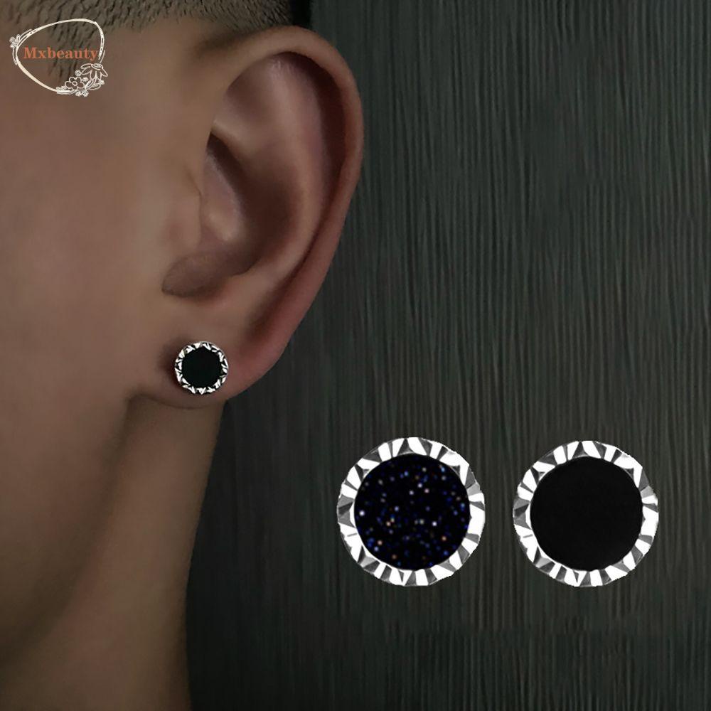 Mxbeauty Anting Tusuk Batu Akik Hitam Kepribadian Trendi Batu Pasir Ungu Halus Alloy Hip Hop Earrings Untuk Pria