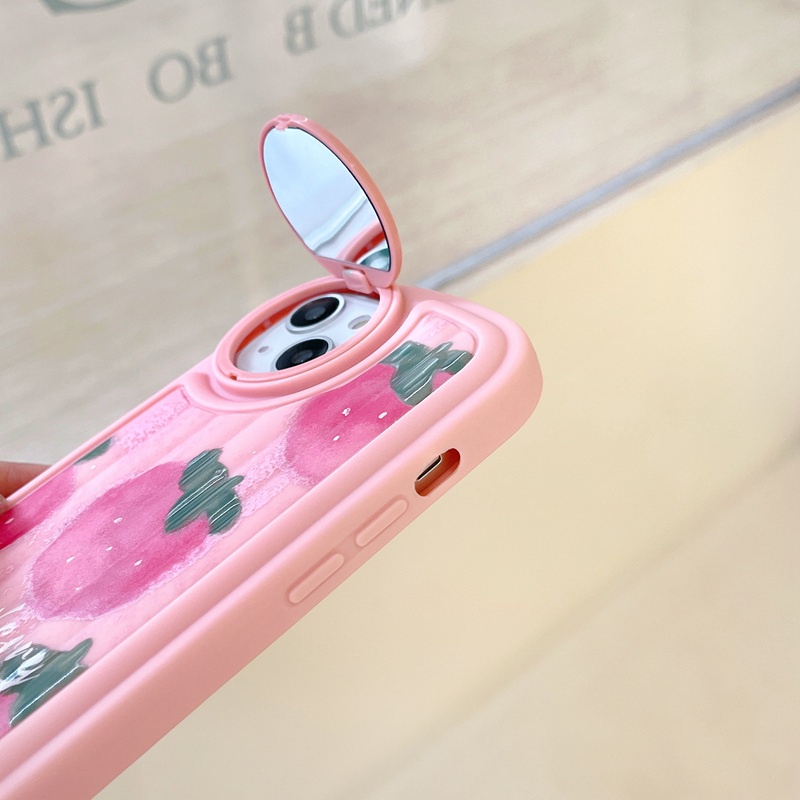 Rotatable Mirror Pink Big Strawberry Girl Woman Soft Silicon Case HP iP iPhone 12 13 14 Pro Max 11 FTD Casing Apple