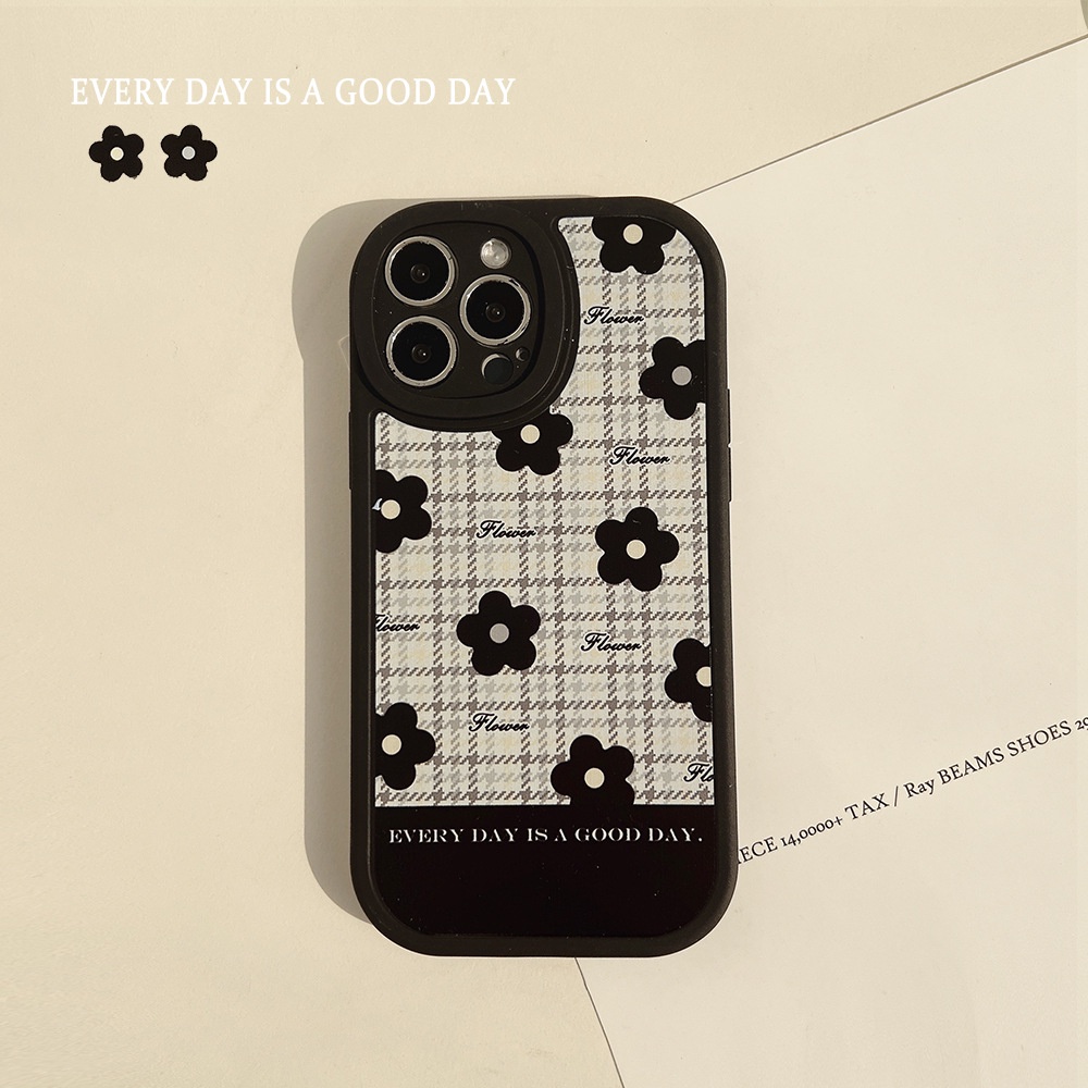 IPHONE Bunga Hitam Houndstooth Soft Phone Case Penutup Pelindung Lensa Kamera Untuk Iphone7 8 PLUS X XR XS 11 12 13 14 MINI PRO MAX SE 2020