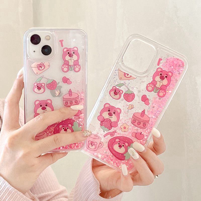 Nice Quicksand Pink Strawberry Bear Girl Woman Soft TPU Case HP iP iPhone 12 13 14 Pro Max 11 FTD Casing Apple