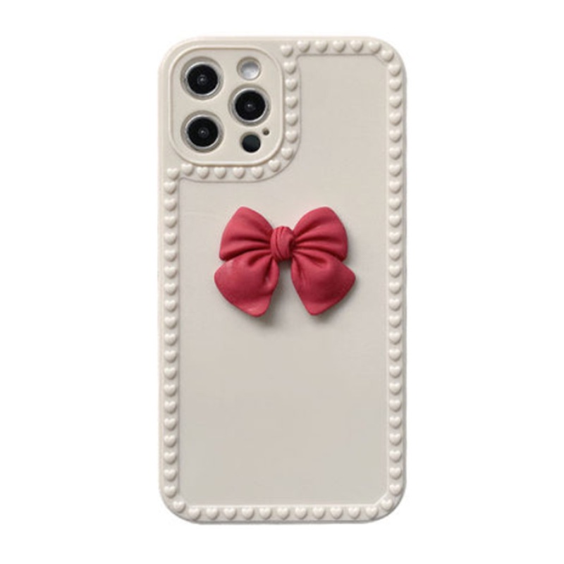 IPHONE 3d Soft Clay Red Bow Light Apricot Warna Solid Glossy Timbul Love Heart Phone Case Cover Untuk Iphone7 8 PLUS X XR XS 11 12 13 PRO MAX SE 2020