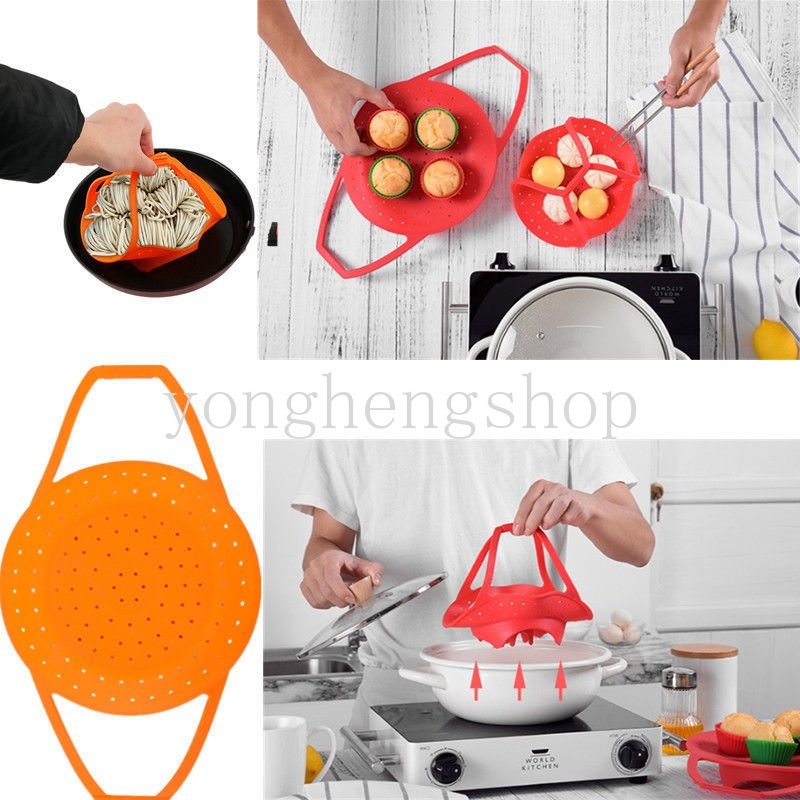 Collapsible Silicone Steamer Basket Microwave Oven Food Steamer Telur Pangsit Dimsum Rak Kukus Dengan Pengangkat Cooker Alat Masak Dapur Bakeware