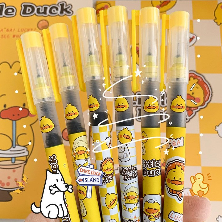 Kartun Bebek Kuning Kecil Halus Cepat Kering Bolpoin/Anak Kawaii Handheld Pensil Tulisan Cair Nyaman