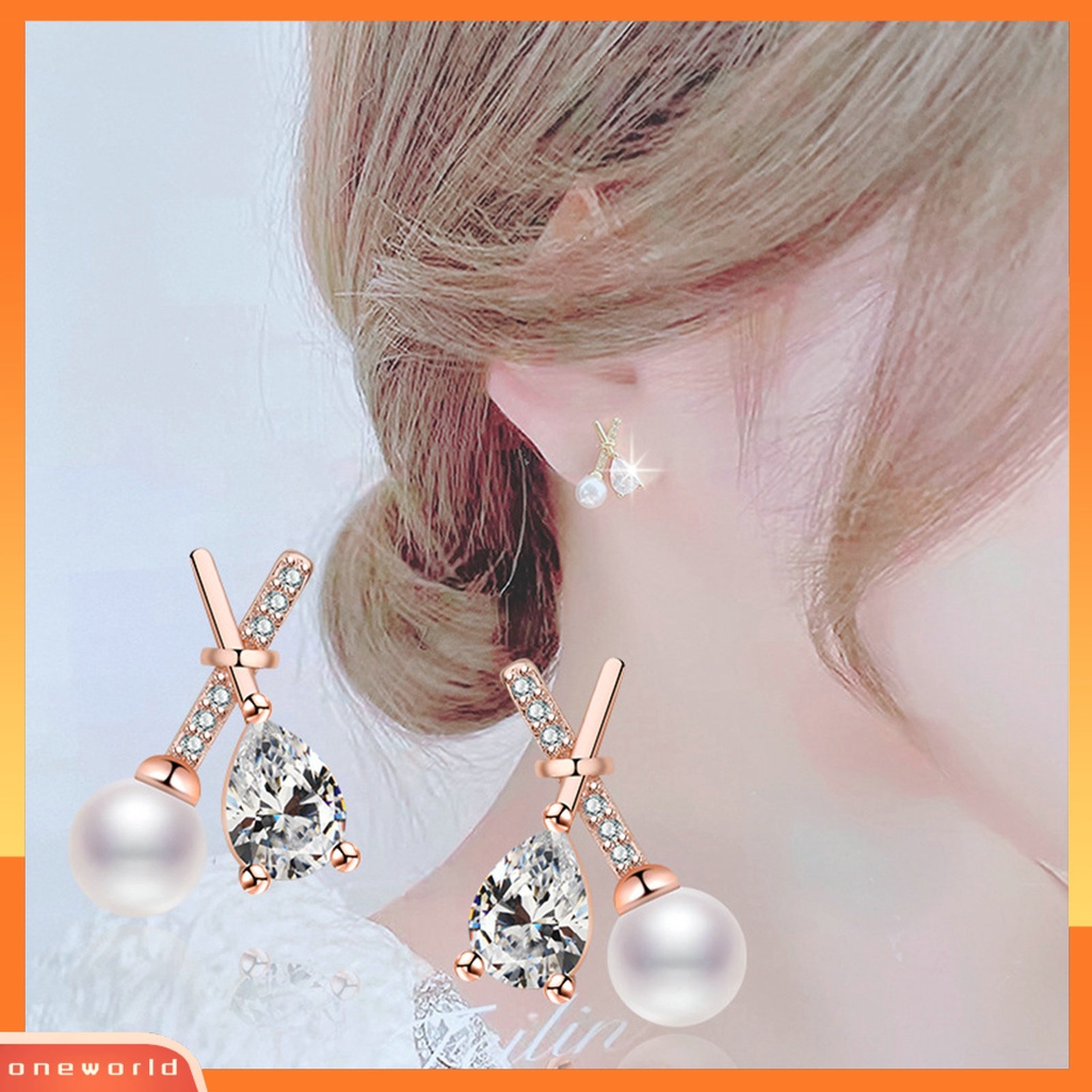 [EONE] 1pasang Ear Studs X Shaped Shining French Style Berlian Imitasi Hias Dekorasi High Gloss Tidak Teratur Faux Zircon Pearl Women Earrings Untuk Pesta