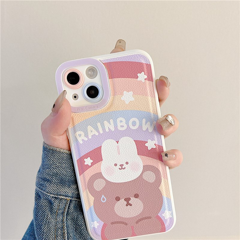 Leather Rainbow Bear Bunny Soft Silicon Case HP iP iPhone 7 8 14 + Plus SE 2020 X XS XR Max 11 12 13 Pro Max FTD Casing Apple