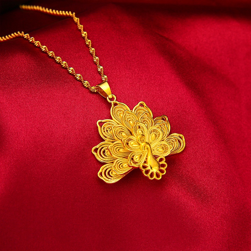 Goldkingdom Perhiasan Fashion 24K Bangkok Aksesoris Ready Stock Liontin Merak Wanita Pernikahan Layar Terbuka Merak Berlapis Emas Kalung Dominan