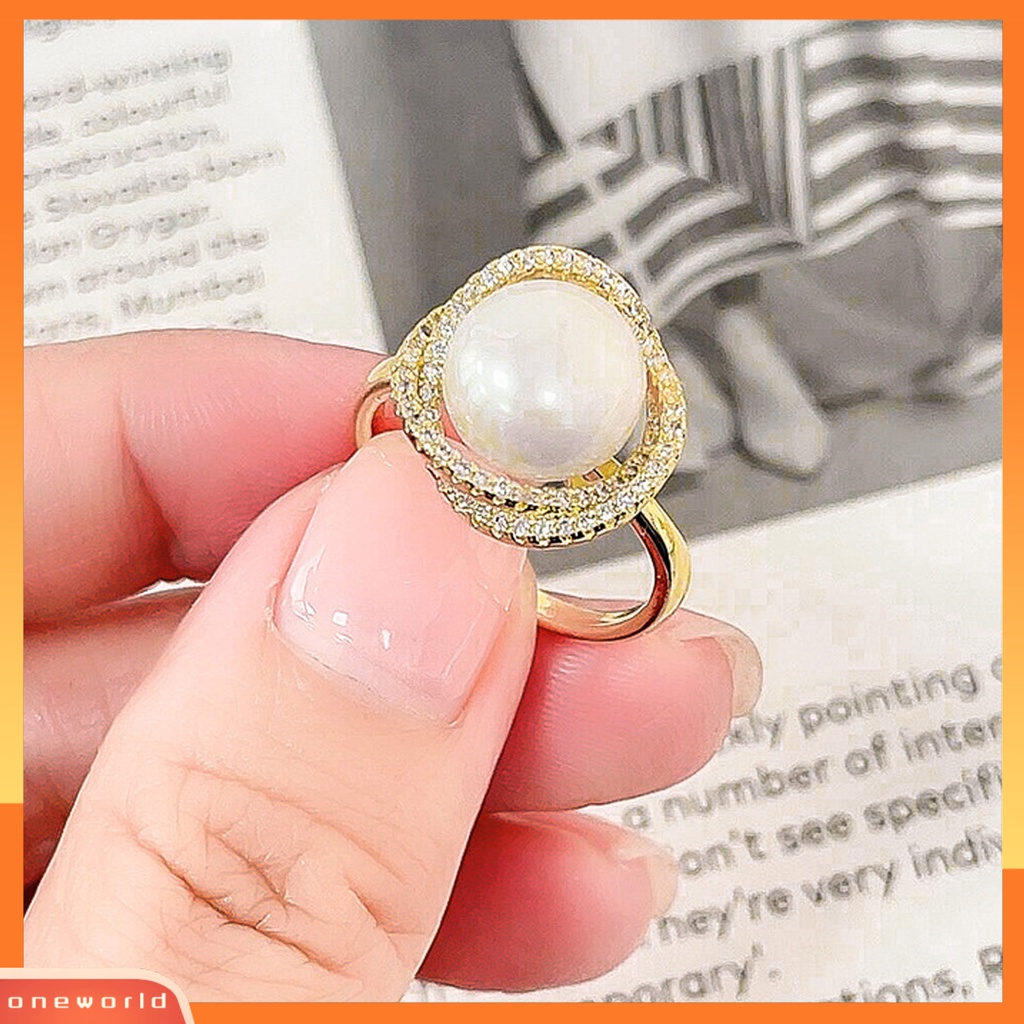 [EONE] Wanita Cincin Menyilang Bling Berlian Imitasi Elegan Terbuka Adjustable High Gloss Faux Pearl Finger Ring Perhiasan Aksesoris
