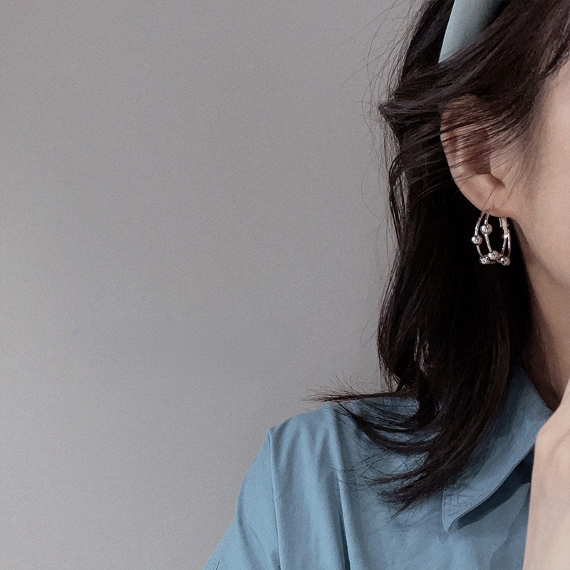 S925 Perak Disepuh Menjuntai Manik Bulat Double Layer Earrings Hoop Ear Studs Untuk Gadis Manis Keren