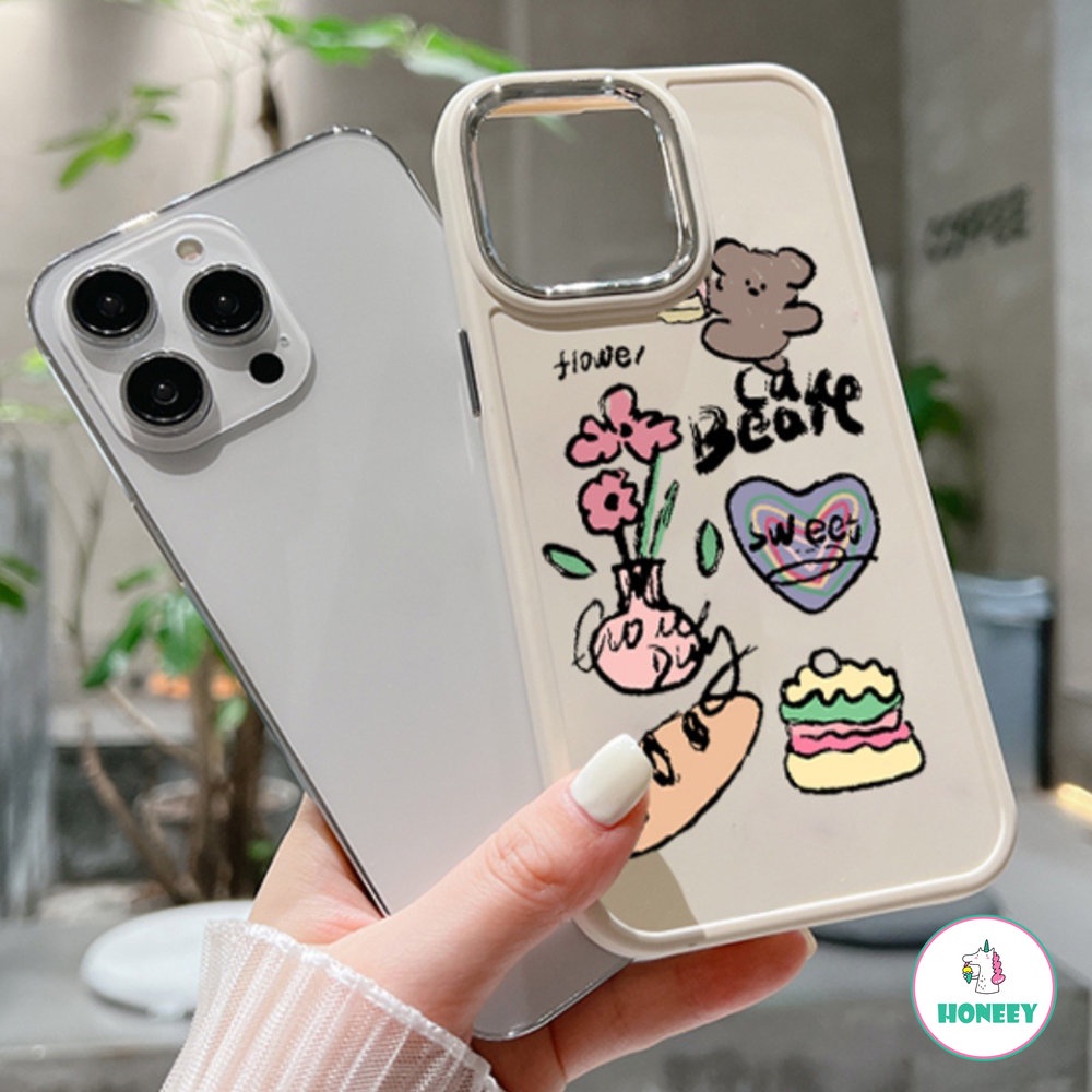 IPHONE Ins Graffiti Bear Flower Cake Phone Case Untuk Iphone14 13 12 11 Pro Max Perlindungan Kamera Metal Hybrid Phone Cover