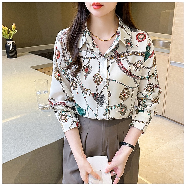 COD 2023 New Fashion Korean Personalized Print Casual Work Long Sleeve Women Shirt Kemeja Wanita Lengan Panjang