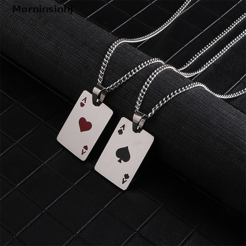 Mornin Pria Baja Titanium Poker Beruntung Ace of Spades Liontin Kalung Merah Hitam Warna Perak Baja Titanium Rantai Panjang Kalung Perhiasan id