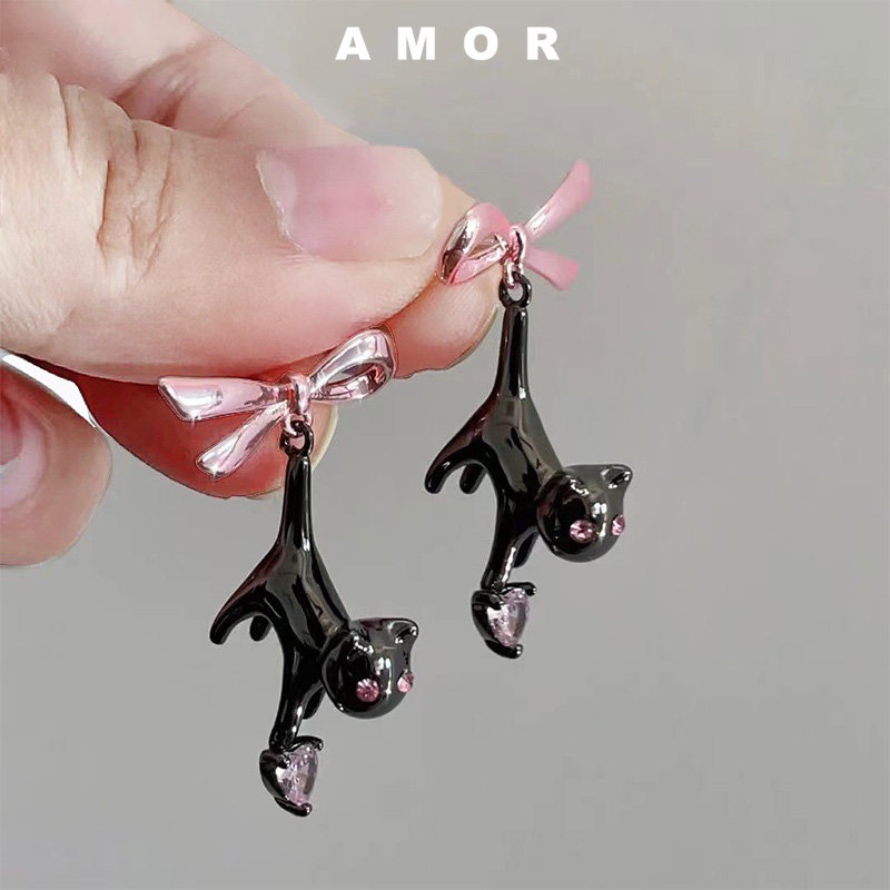 Anting Busur Pink Kucing Hitam Gadis Manis