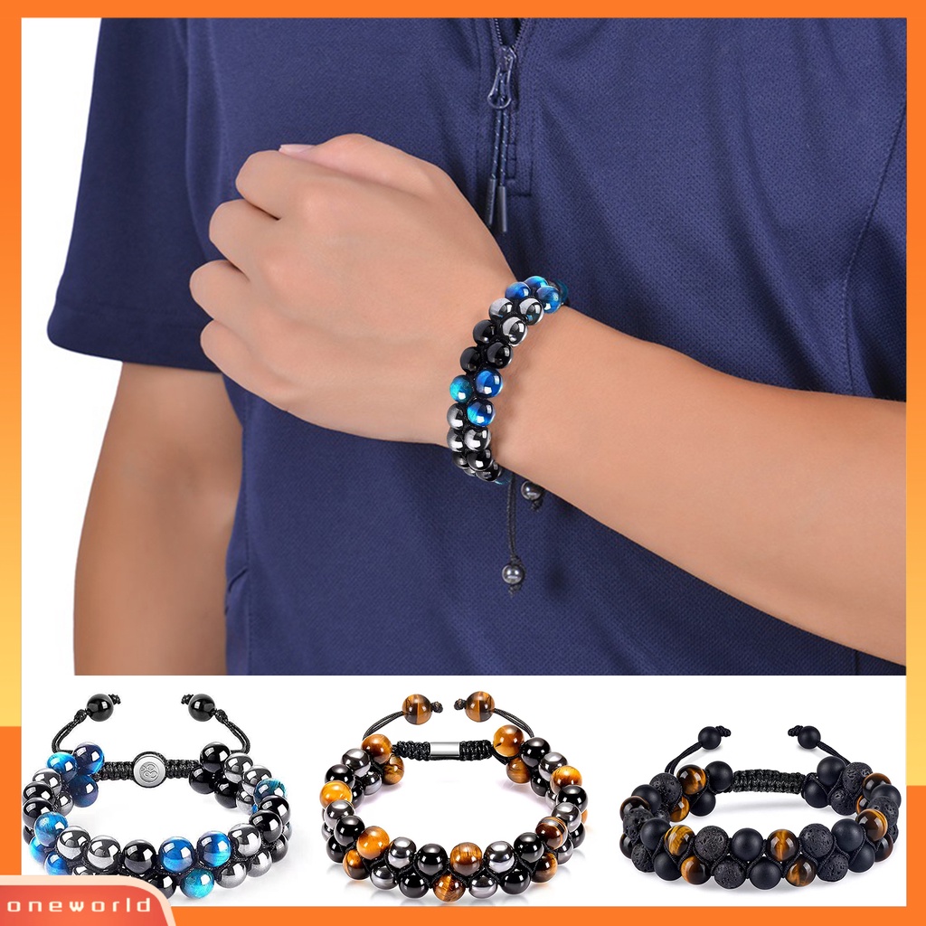 [EONE] Manik-manik Gelang Adjustable Manik-Manik Lapisan Ganda Perlindungan Tiga Tali Elastis Membawa Keberuntungan Hadiah Pria Wanita Alami Faux Tiger Eye Healing Bracelet Untuk Teman