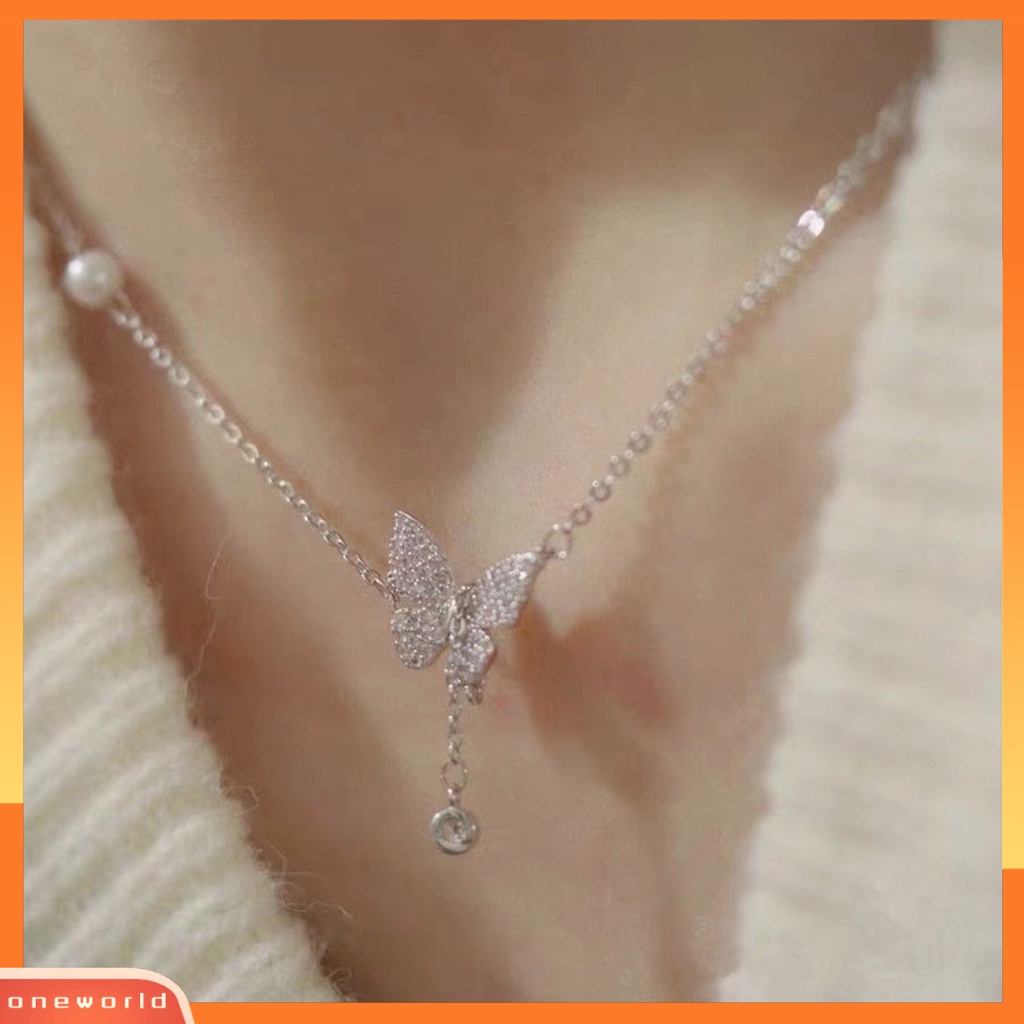 [EONE] Kalung Rumbai High-end Kupu-Kupu Mutiara Imitasi Cahaya Mewah Cubic Zirconia Leher Ornamen Temperamen Shiny Panjang Liontin Klavikula Kalung Perhiasan Aksesori