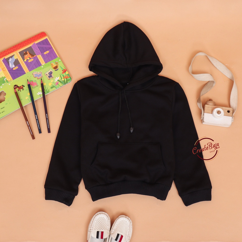 JAKET HOODIE ANAK UNISEX POLOS HITAM BAHAN FLEECE LENGAN PANJANG FASHION TERMURAH JAKET ANAK KANTONG