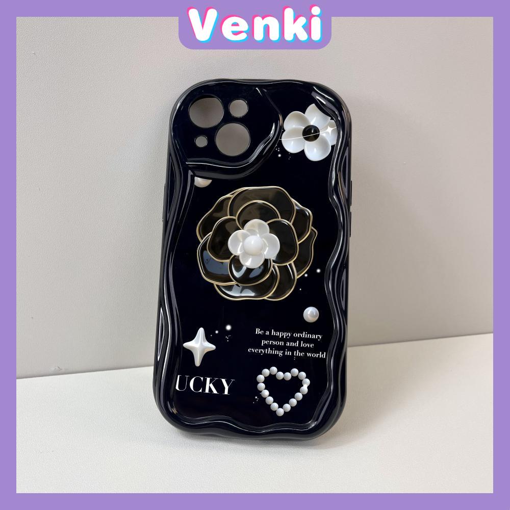 VENKI - For iPhone 11 iPhone Case 3D Curved Edge Wave Glossy Black TPU Airbag Shockproof Camera Cover Luxury Camellia Compatible with iPhone 14 13 Pro max 12 Pro Max xr xs max 7 8