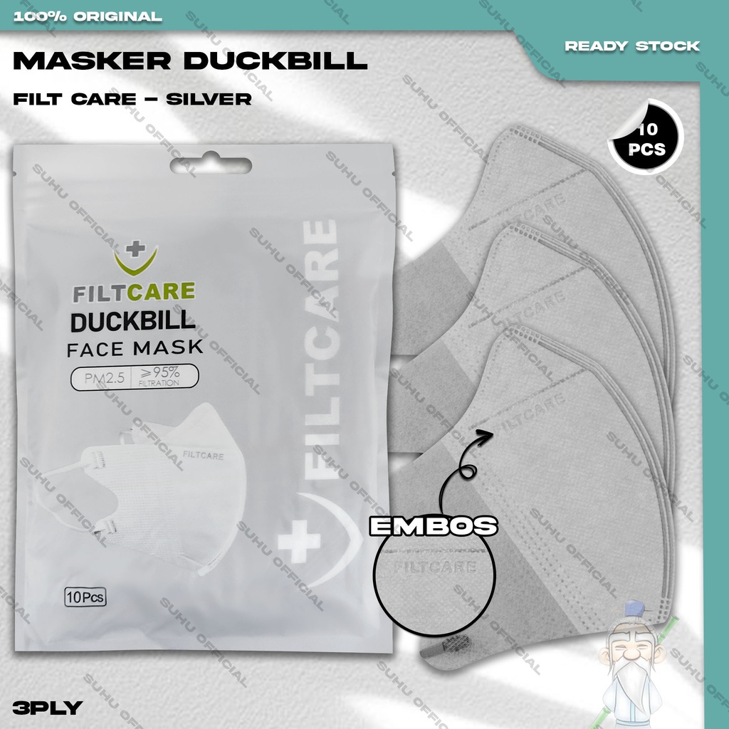 Masker Duckbil FILTCARE 3Ply isi 10PCS Warna Silver Abu Muda Earloop Surgical Mask Duckbill Kemenkes