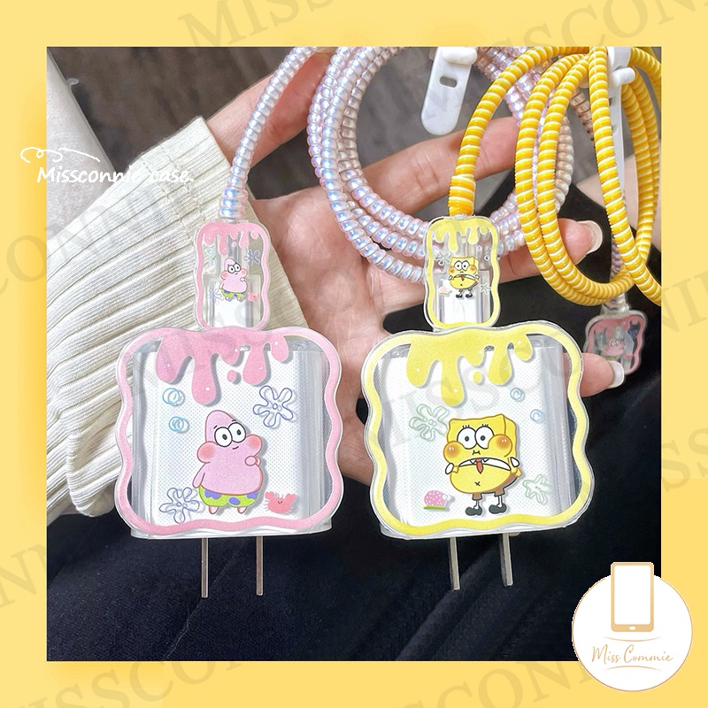 5in1 Cute Strawberry Bear Cartoon Toy Story Wavy Edge Data Cable Sleeve Set Kompatibel Untuk Apple18/20W Adaptor Charger Lembut TPU Cover Dengan Pelindung Gigitan Kabel SpongeBob Yang Indah