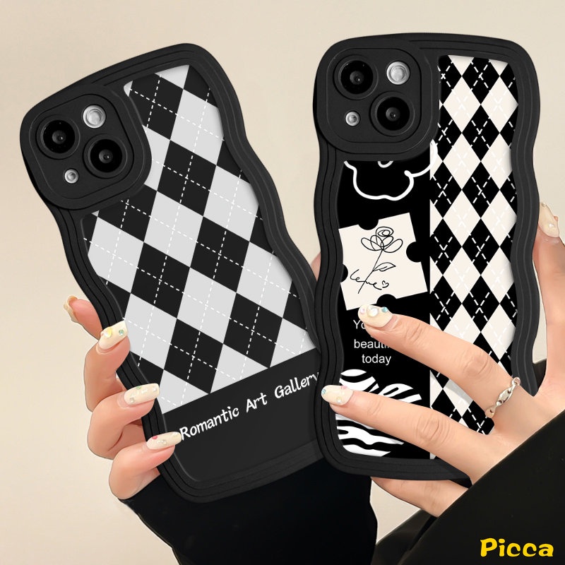 Case Untuk Samsung A23 A50s A12 A13 A04s A14 A52 A30s A03s A04 A50 A31 A11 A22 A53 A20 A33 A32 A04E A52s A02s A21s A51 F22 M22 M32 Romantic Art Bunga Berlian Kotak-Kotak Bergelombang Penutup Tepi