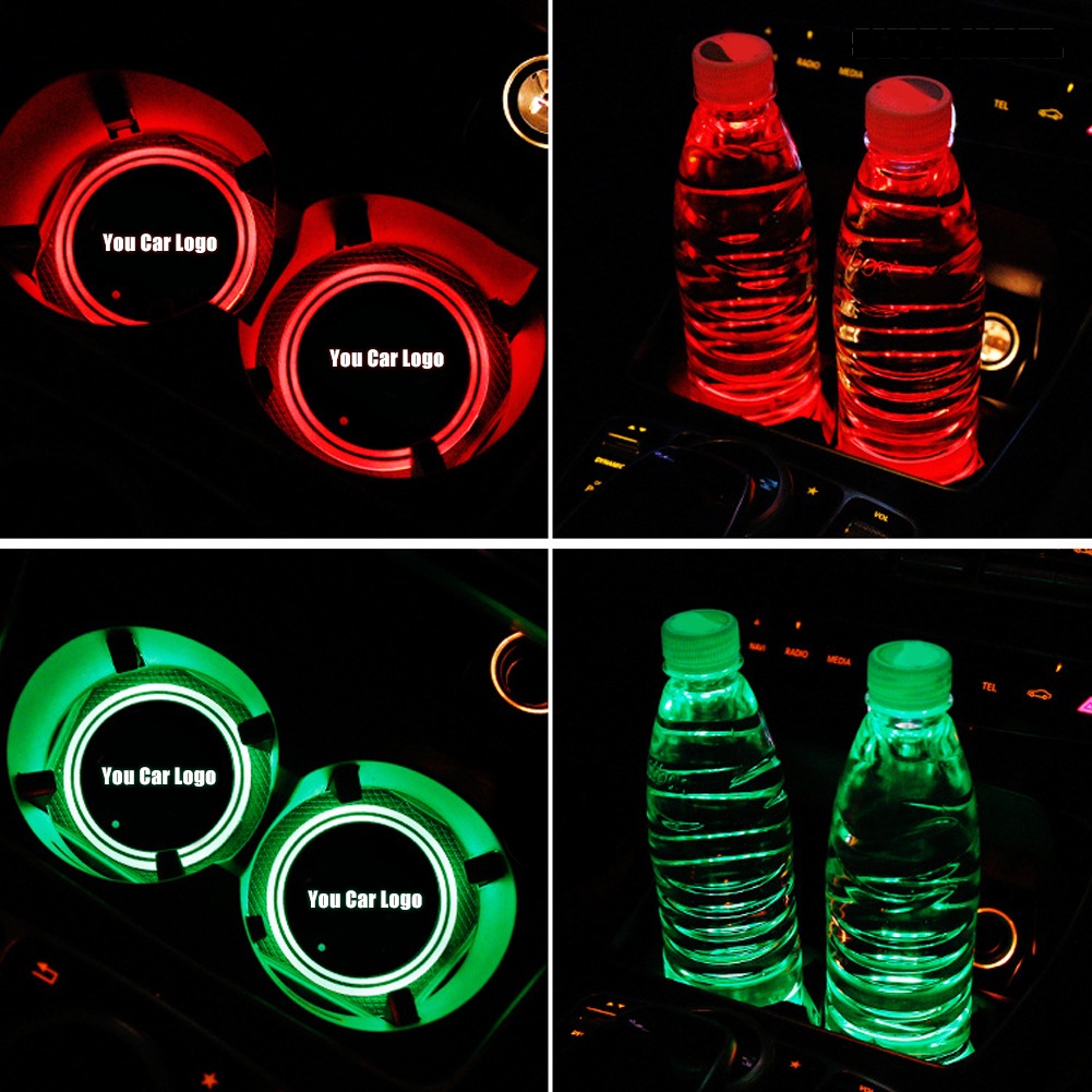 [SM Otomatis] Bulat Logo Mobil Rechargeable LED Light Cup Mat Pad Tatakan Gelas Auto Interior Decor