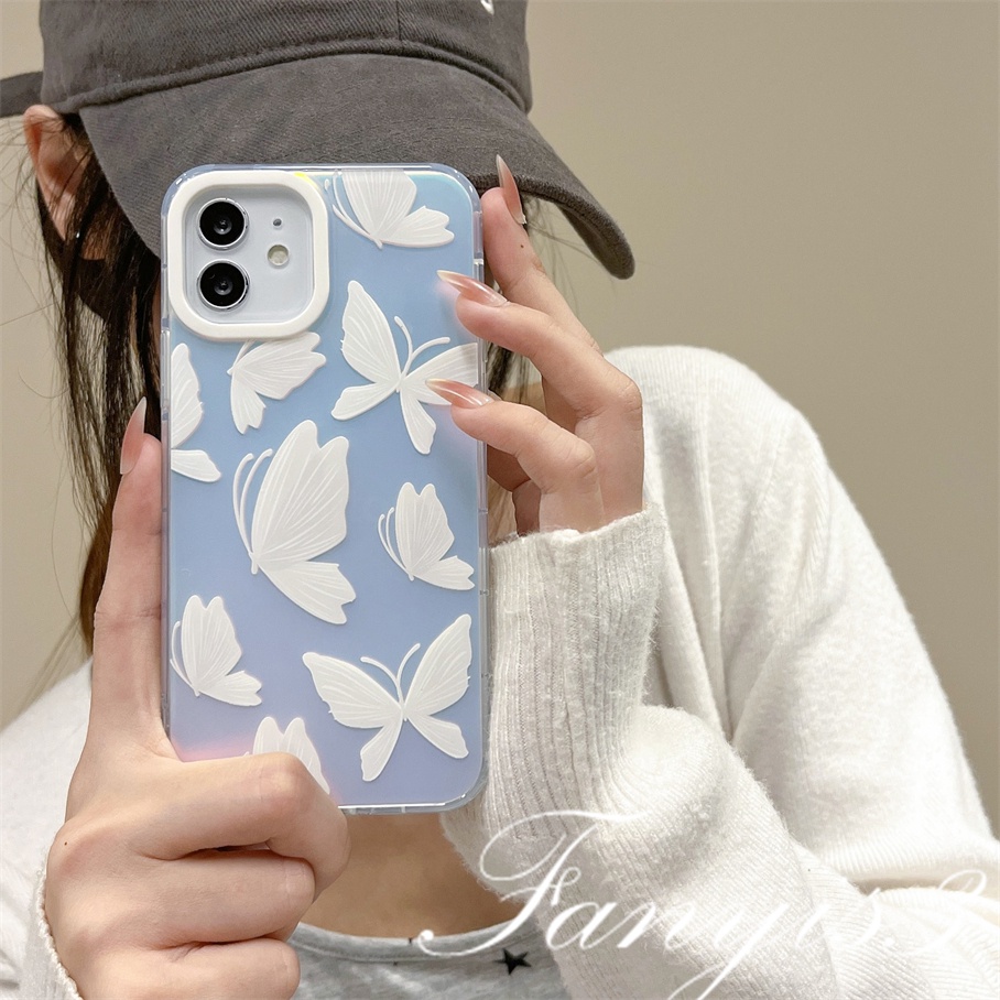 Compatible For IPhone 14 13 12 11 Pro Max X XR Xs Max 8 7 Plus SE 2020 Kompatibel Untuk White Rabbit Butterfly IMD Laser Gradient Phone Case TPU Lembut Shockproof Cover Pelindung