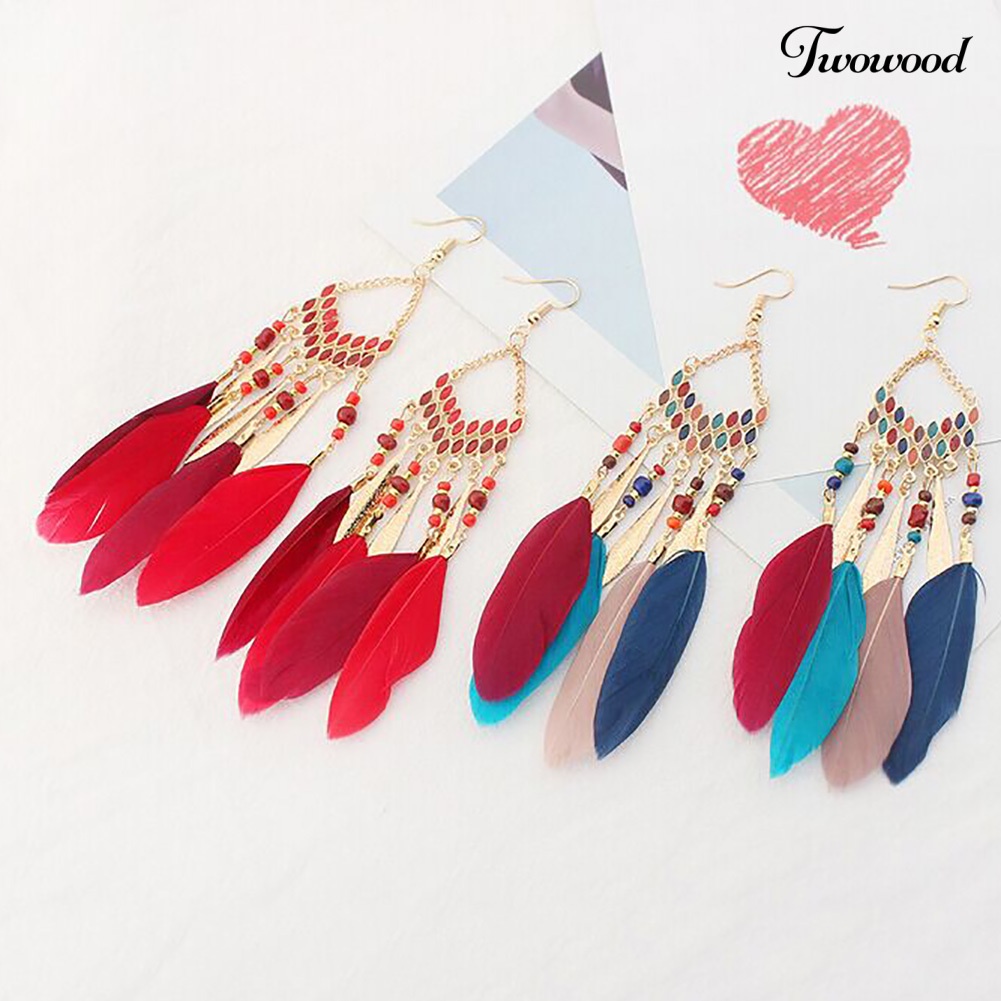 Twowood Vintage Panjang Menjuntai Bulu Boho Kait Anting Wanita Menawan Perhiasan Hadiah