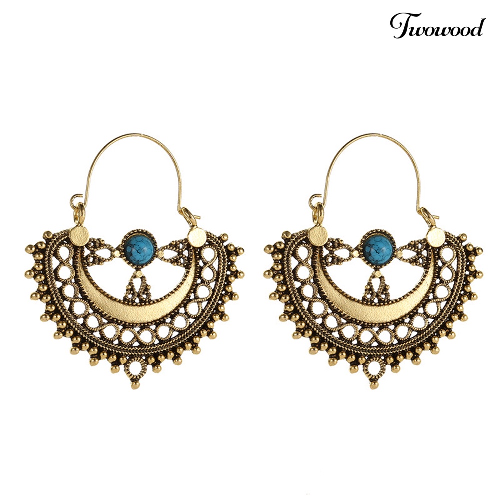 Twowood Ethnic Hollow Artificial Turquoise Chandelier Drop Menjuntai Anting Wanita Hadiah