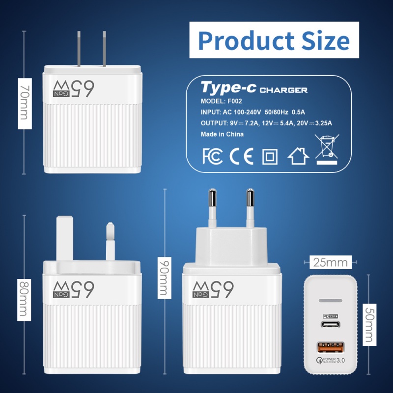 65w Gallium Nitride Americana Charger PD Fast Charger Handphone Kepala Cas QC3.0 Laptop GaN Sumber Cas