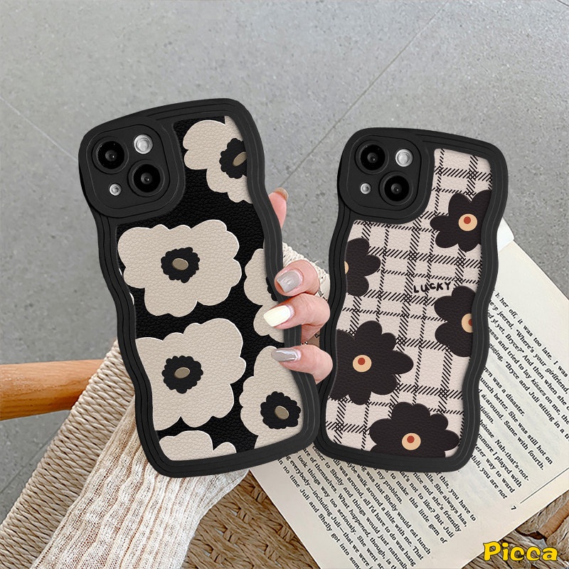 Casing Bunga Hitam Retro Kotak-Kotak Untuk Redmi Note 10s 11s 8 9 11 10 9s Pro Redmi 9C 9A 10C 12C A1 10A 9T 9 10 A1+Mi 11T Pro POCO M3 X3 NFC Pro Wavy Edge Soft Tpu Back Sarung