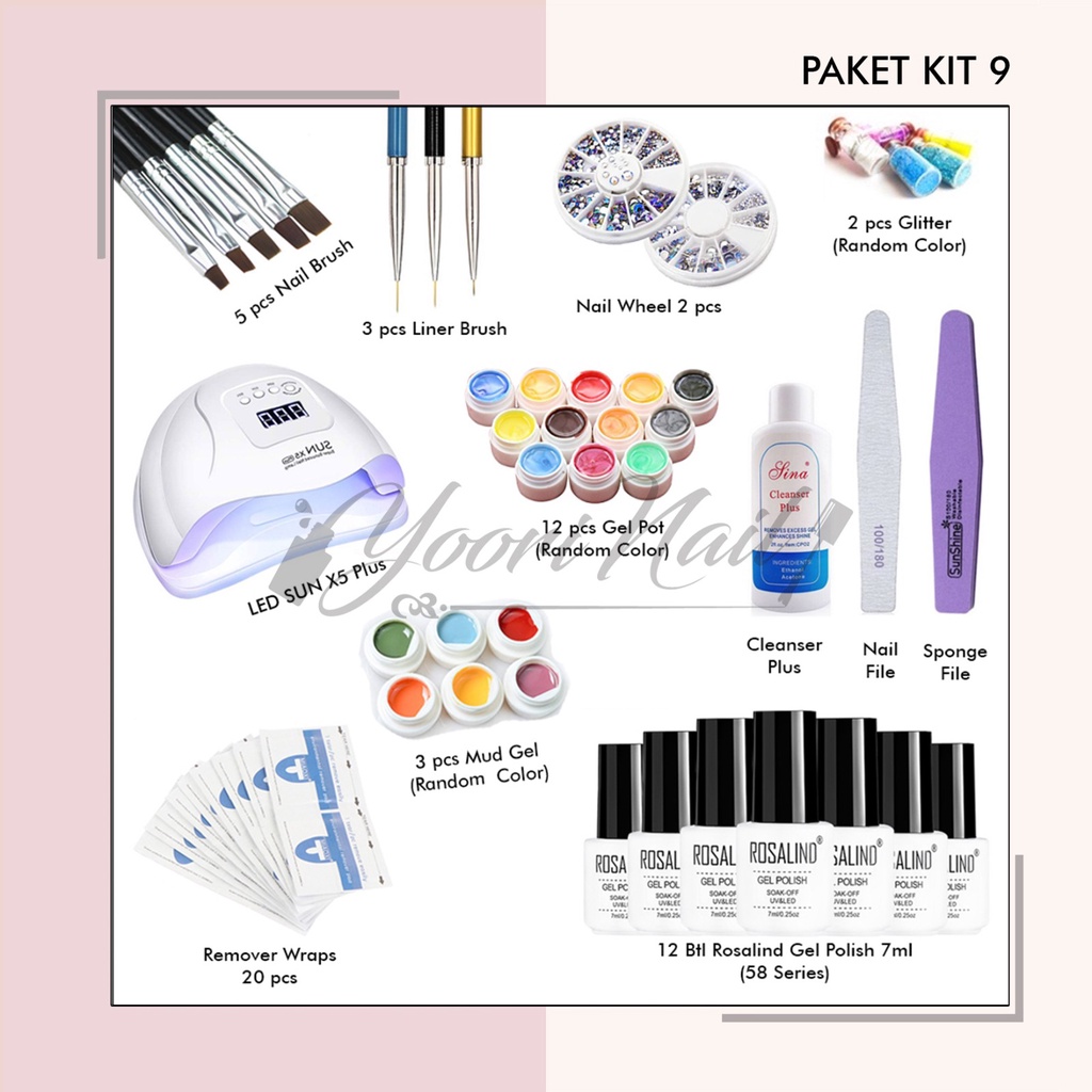 Nail art kit package 9 perlengkapan nailart paket gel polish paket gel color nail art led  hiasan kuku lengkap