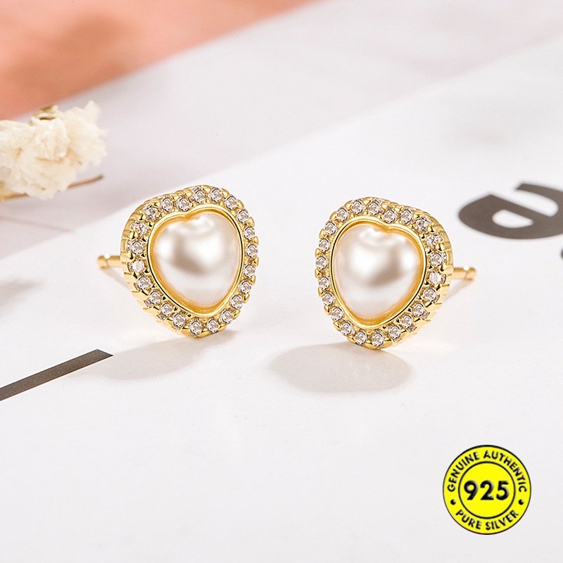 S925 Silver Shell Pearl Anting Telinga Berbentuk Hati U1817