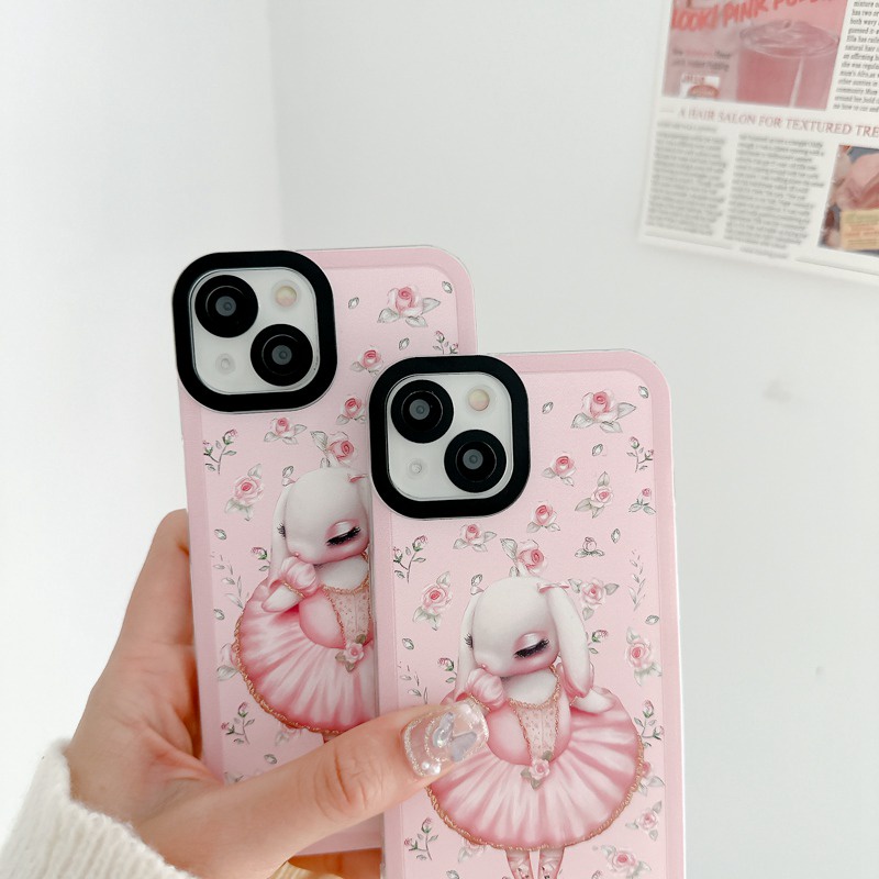 【 Angel Eye】Ballet Pink Bunny Soft TPU Case HP iP iPhone 7 8 14 + Plus SE 2020 X XS XR Max 11 12 13 Pro Max Girl Woman FTD Casing Apple