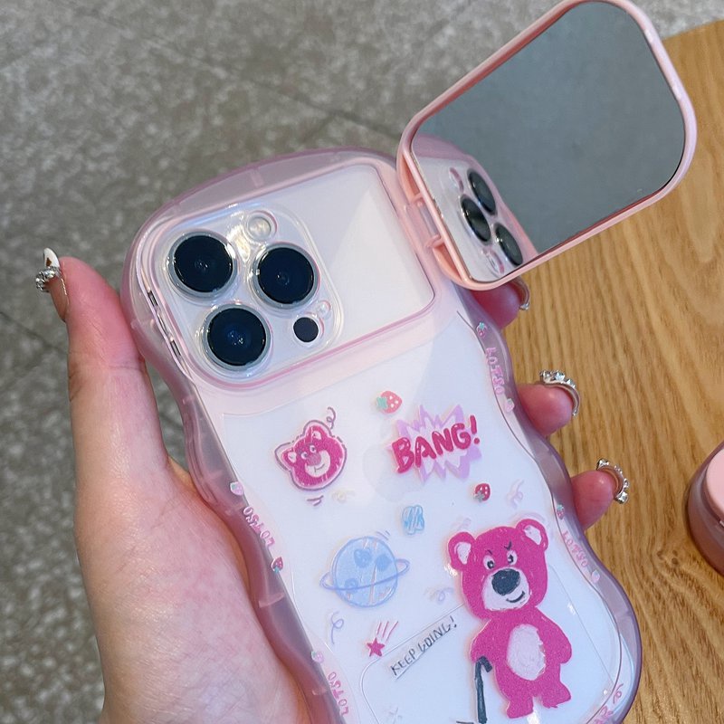 Strawberry Bear Toy Mirror Bracelet Soft TPU Case HP iP iPhone 14 + Plus 11 12 13 Pro Max X XS XR Max Girl Woman FTD Casing Apple