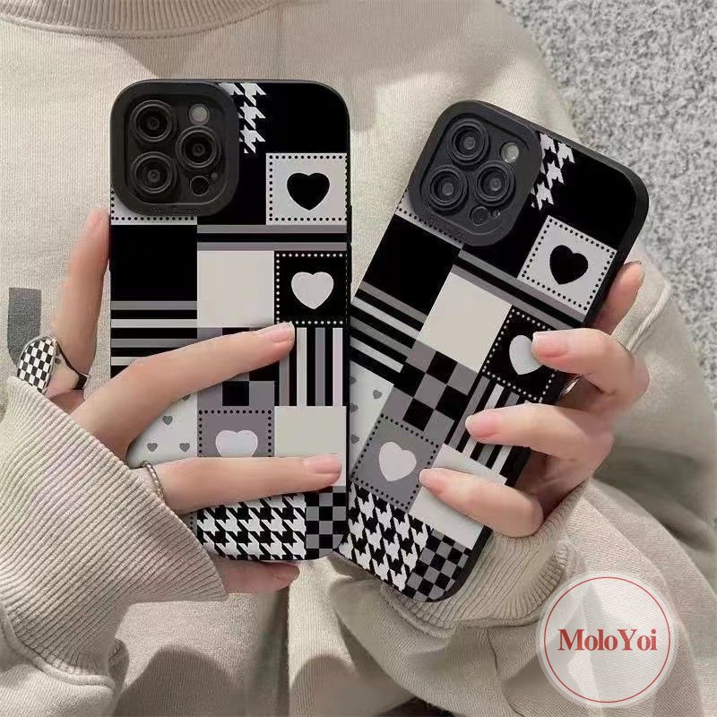 IPHONE Casing Pola Penyambungan Kisi Cinta Hati Berlian Hitam Putih Kompatibel Untuk Iphone11 14 13 12 Pro Max8 7 Plus XR X XS MAX 7Plus Stiker Tekstur Kulit Mewah Soft Cover