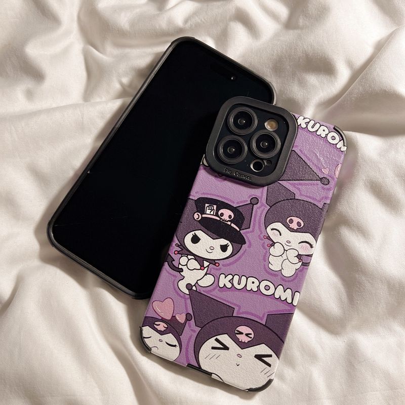 Soft sheepskin Leather Case IPhone 6S 7 8 Plus SE 2020 X XR XS Max 11 12 13 14 Pro Max 14 Plus Camera Protect for Girl women Cute Cartoon Purple Kuromi