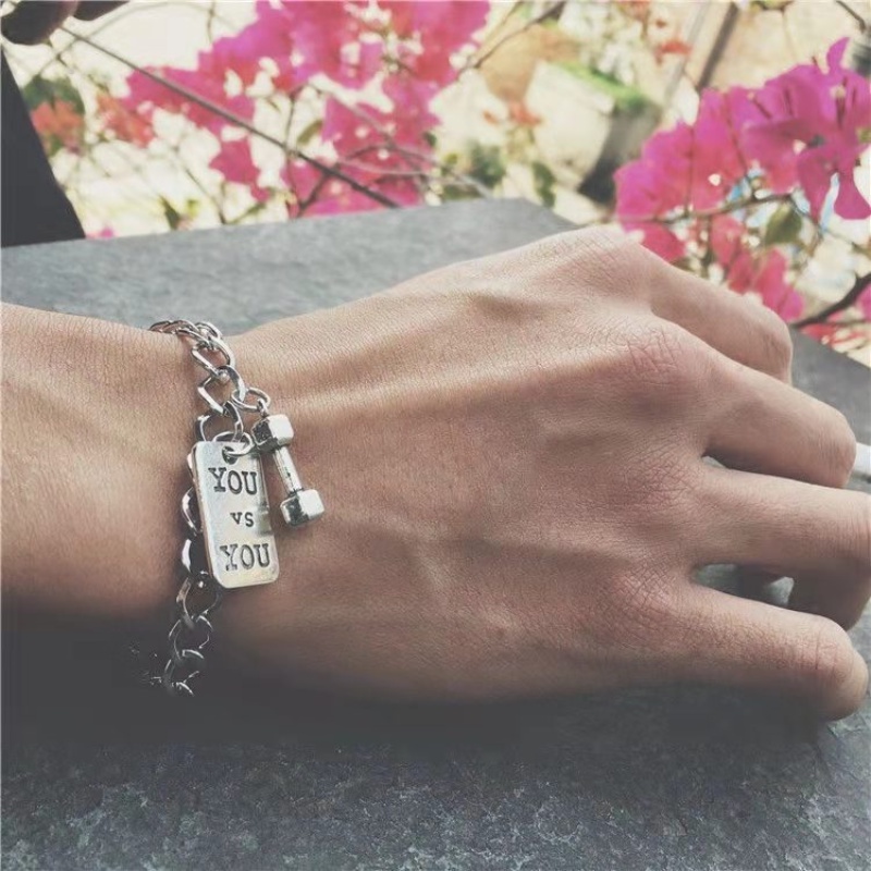 Gelang Persegi Huruf Punk Eropa Dan Amerika Manis Keren Fashion Perak Tebal Gelang Rantai Pasangan Gelang Logam