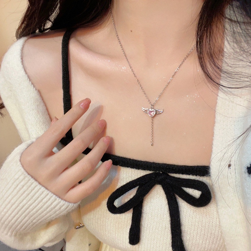 Kalung Zirkon Liontin Love Bunga Pink Mewah Kalung Perak Wanita