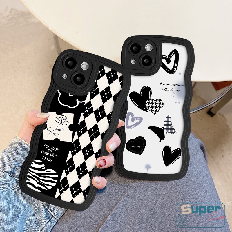 Casing Ponsel Kupu-Kupu Cinta Hati Trendi Kompatibel Untuk iPhone 7Plus 11 13xr 14 12 Pro Max 8 6 14 6s 7 Plus X XS Max SE 2020 Fashion Lembut Bergelombang Tepi Diamond Grid Flower Cover