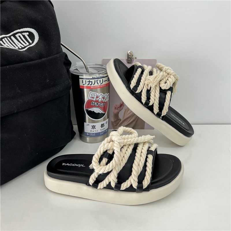 [GROSIR][COD] SEVEN_DAY SANDAL WANITA KOREA IMPORT CASUAL SHOES TALI SUMBU W-09 HITAM