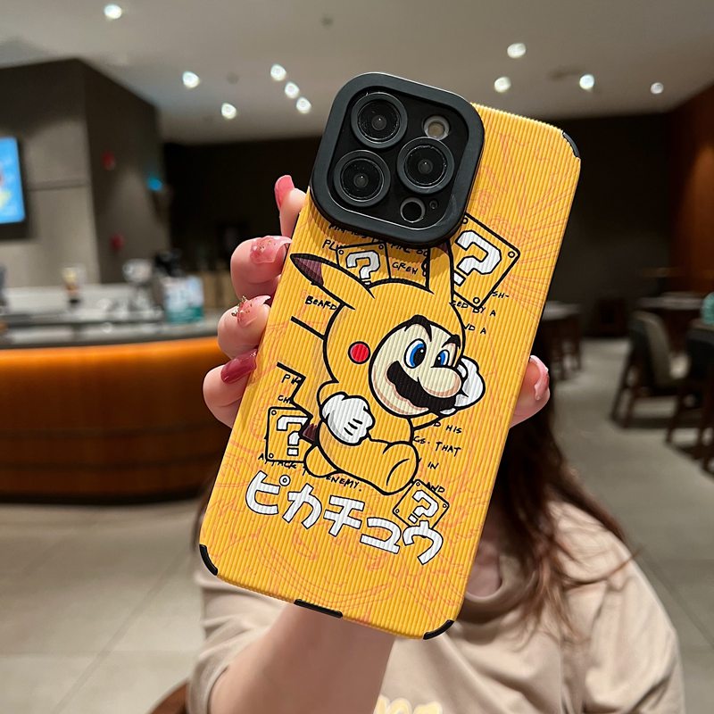 Kulit Domba Kartun Lucu Pikachu Mario Soft Case Iphone 7Plus 8 Plus X XS XR XS Max 11 13 12 14 PRO Max 14 Plus SE Phone Case Kuning Untuk Pria Man