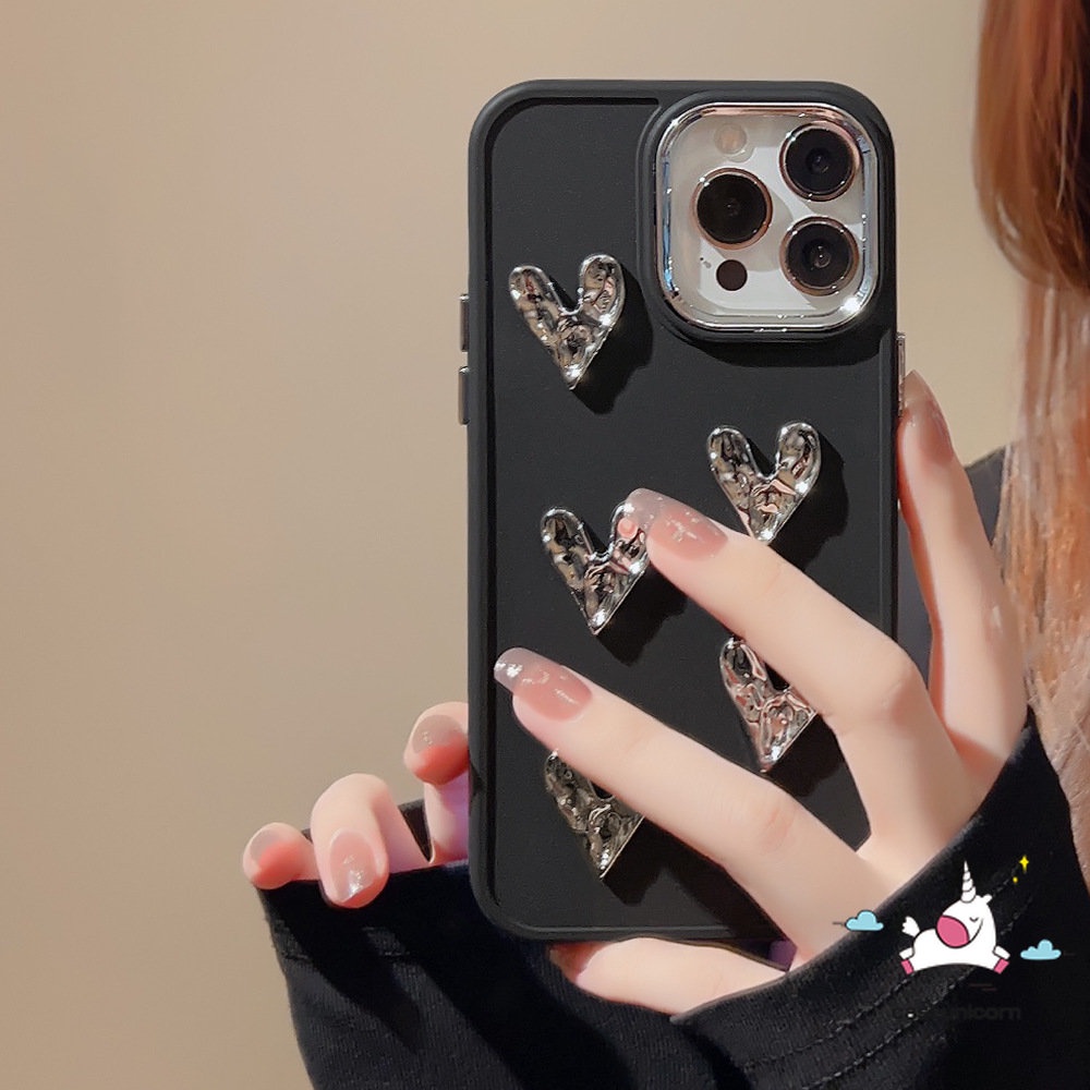 Mewah Lanjutan 3D Love Heart Plating Square Case Kompatibel untuk iPhone 7Plus 13 11 XR 14 12 Pro MAX X 8Plus XS MAX Fashion Sederhana Warna Solid Macaron Warna Permen Penutup Ponsel Lembut