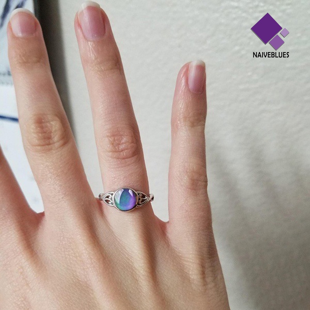 &lt; Naiveblues &gt; Wanita Bulat Permata Imitasi Hias Suhu Berongga Berubah Warna Cincin Perhiasan