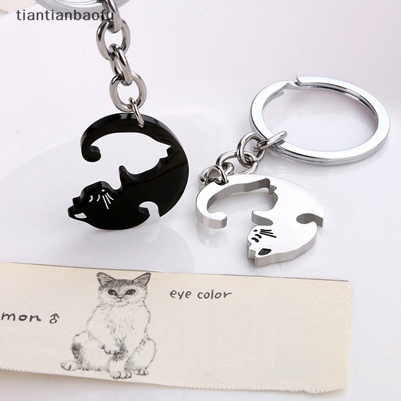 [tiantianbaofu] 1pasang Lucu Kucing Hitam Gantungan Kunci Patchwork Hati Bulat Pasangan Pecinta Keyring Stainless Steel Ransel Mobil Key Ring Gantung Perhiasan Butik