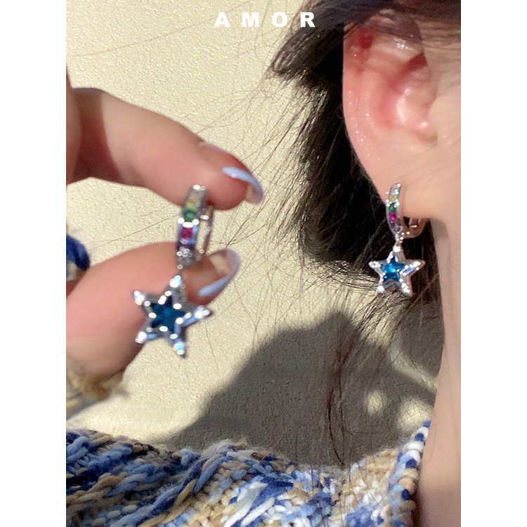 Anting Berlian Warna pentagram Biru Bintang Y2K Perempuan