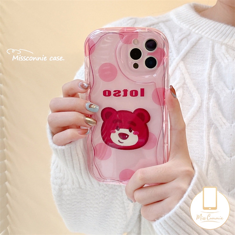 Cute Cover Kompatibel Untuk IPhone 7Plus XR 14 11 12 13 Pro Max X 7 8 6s 6 Plus XS Max SE 2020 3D Titik Gelombang Kartun Beruang Strawberry Wavy Curved Edge Glossy Shockproof Shell