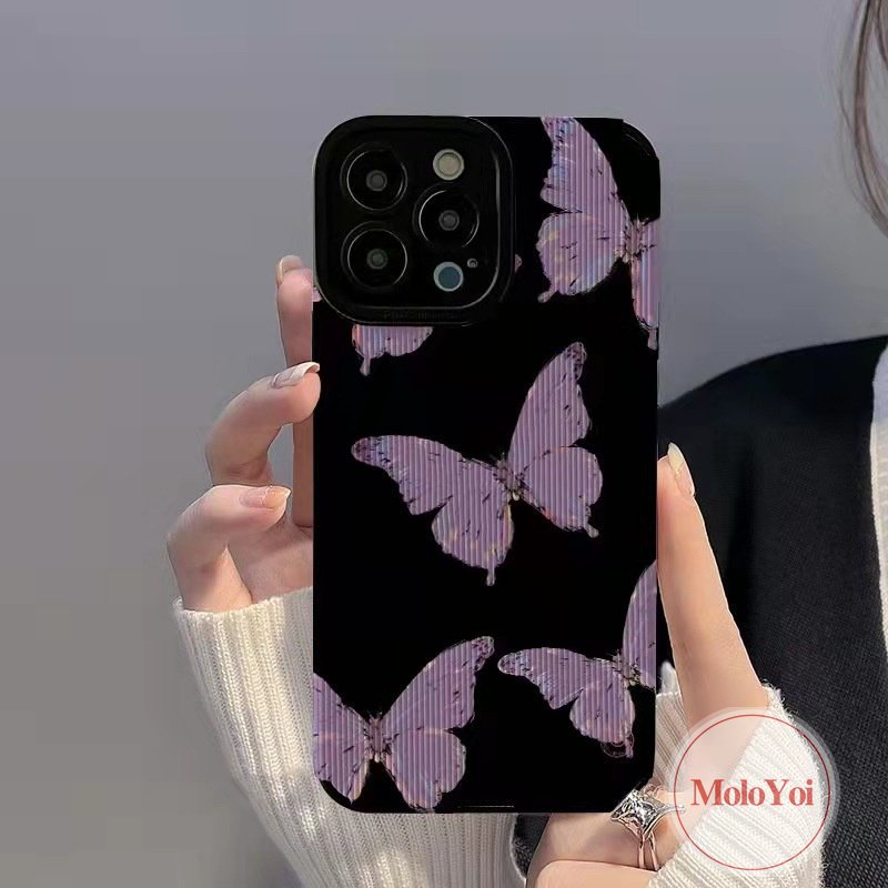 Casing Ponsel Tekstur Kulit Mewah Kompatibel Untuk IPhone XR XS X Max8 7 Plus 11 14 13 12 Pro Max 11 Pro Max 7Plus Retro Fantasi Ungu Kupu-Kupu Silikon Lembut Tpu Shockproof Cover