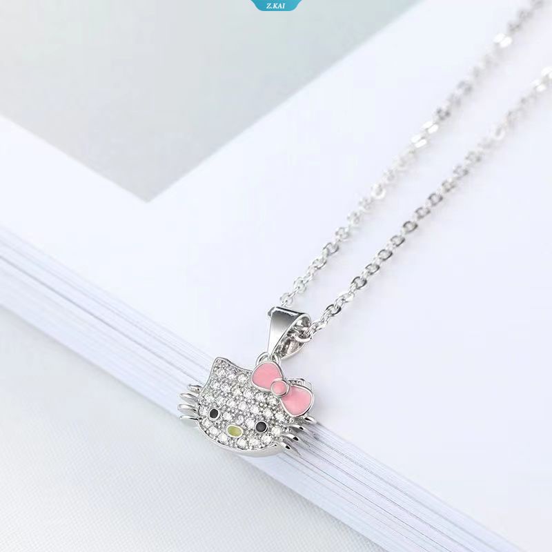 Kawaii Hello Kitty Kalung Dengan Rantai Alloy Kristal HelloKitty Liontin Kalung Sanrio Wanita Indah Rantai Klavikula Dapat Disesuaikan Cincin Gaya Hadiah Untuk Pacar [ZK]